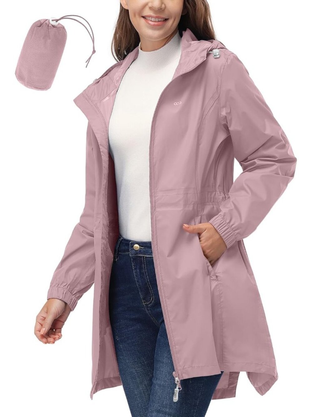 Women's Waterproof Long Packable Rain Jacket Dry Rose with Hood Trench Coats